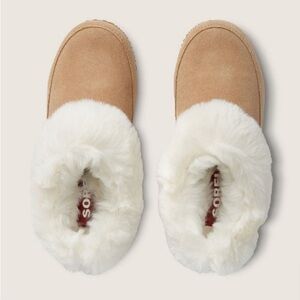 Sorel Women’s Go Coffee Run Slippers Tan Suede Leather Fur Slip On Shoes NWT